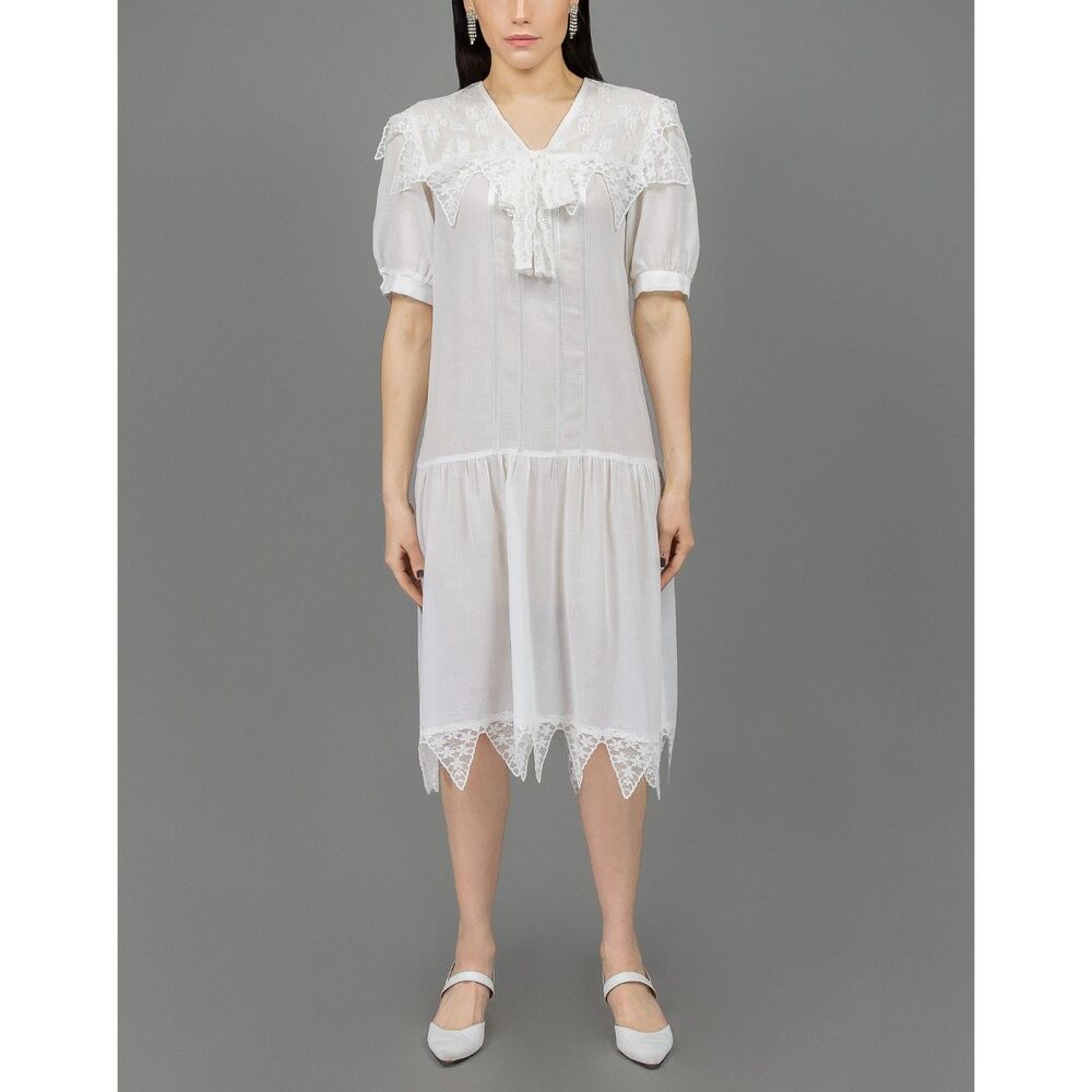 White Cotton Lace Midi Dress Small Puff Sleeve Bow Cottagecore Bridal Prairie